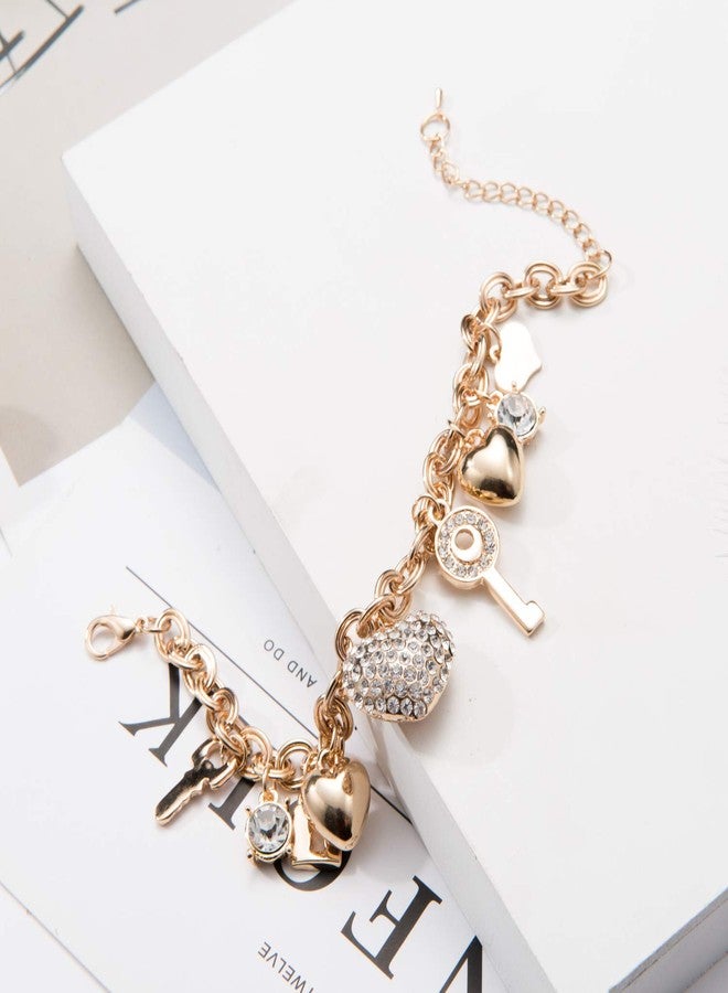 SILANER Gold Chain Link Bracelet - 7"+ 2" Extender 14K Gold Plated Love Locked Bracelets for Women,with Crystal, Love Heart,Key, Lock, Charm Bracelet - Image 5